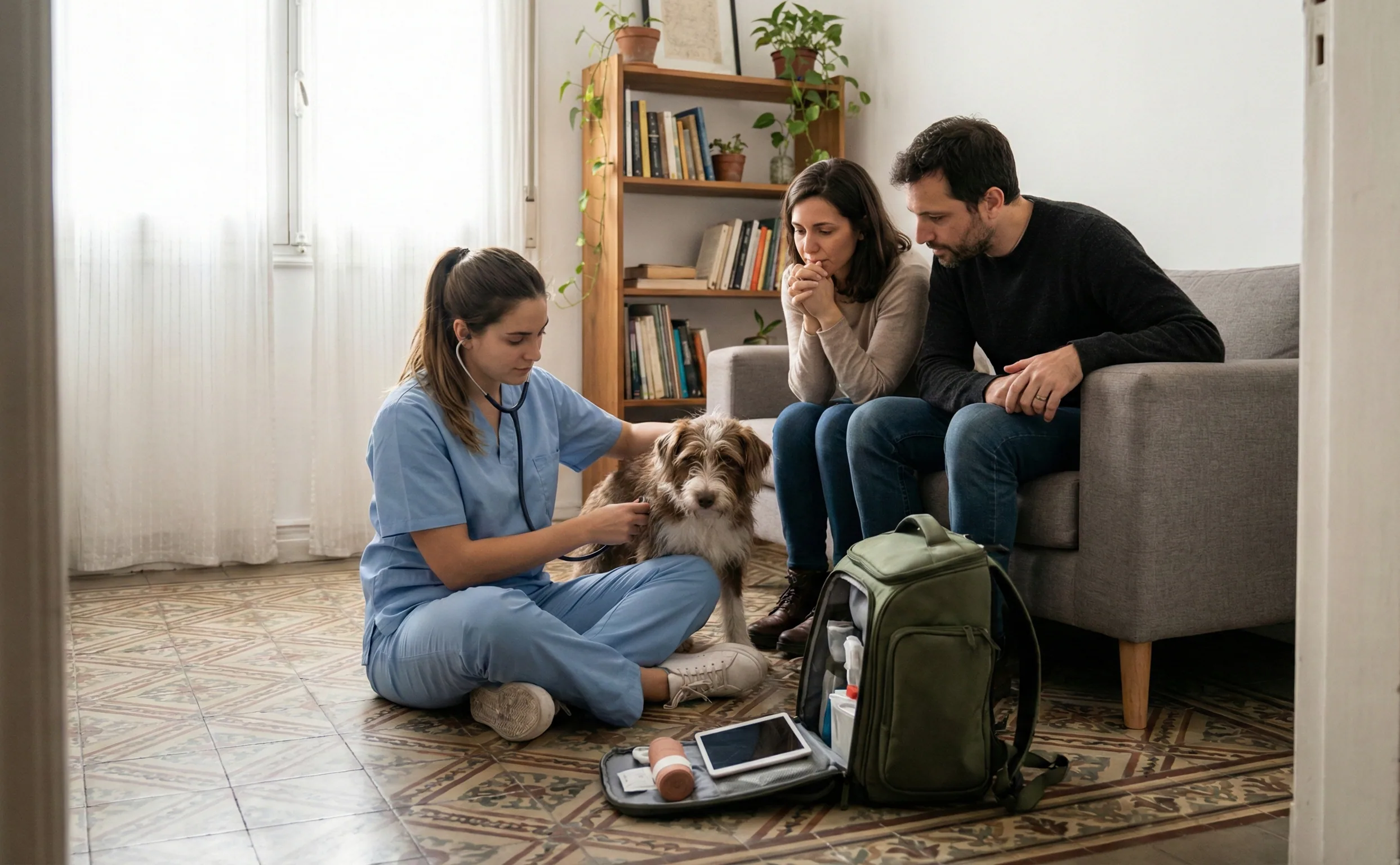 Veterinario atendiendo a mascota en domicilio